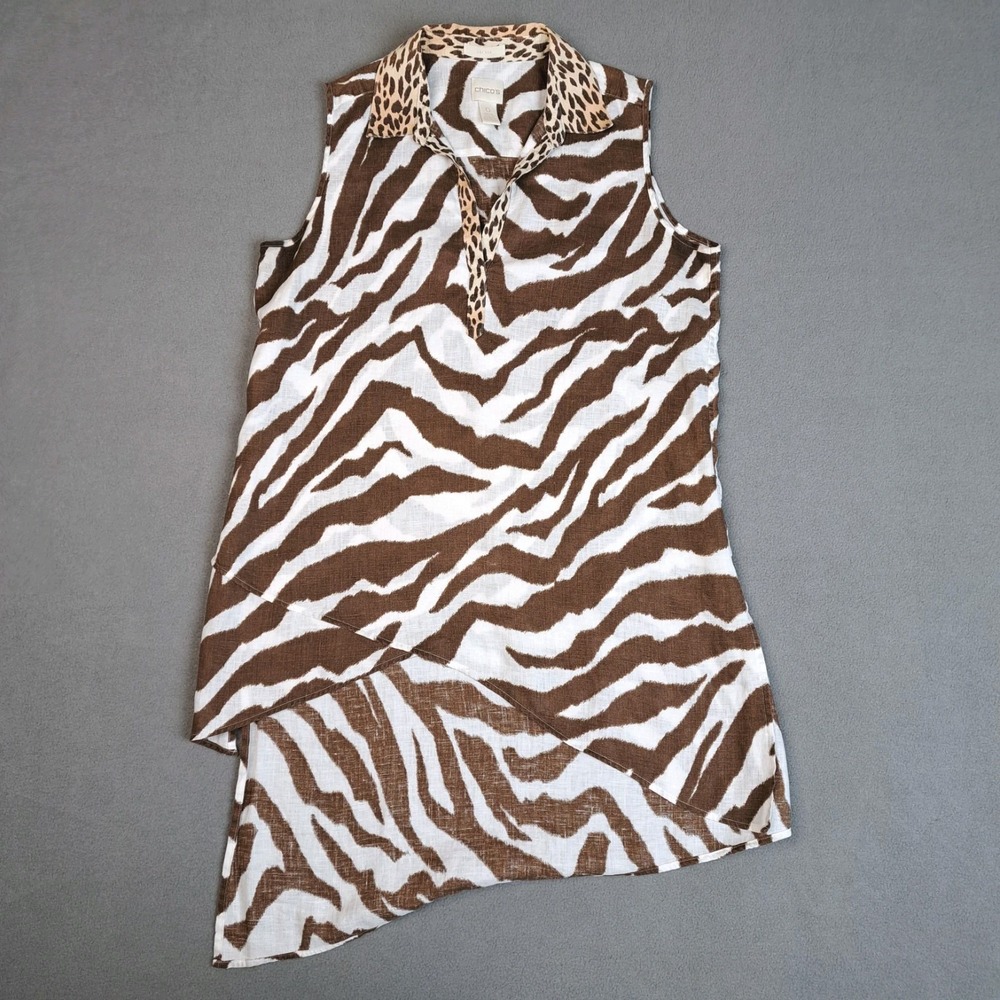 Chico's Linen Tunic Womens Size 0 Asymmetrical Animal Print Zebra Stripe No Iron
